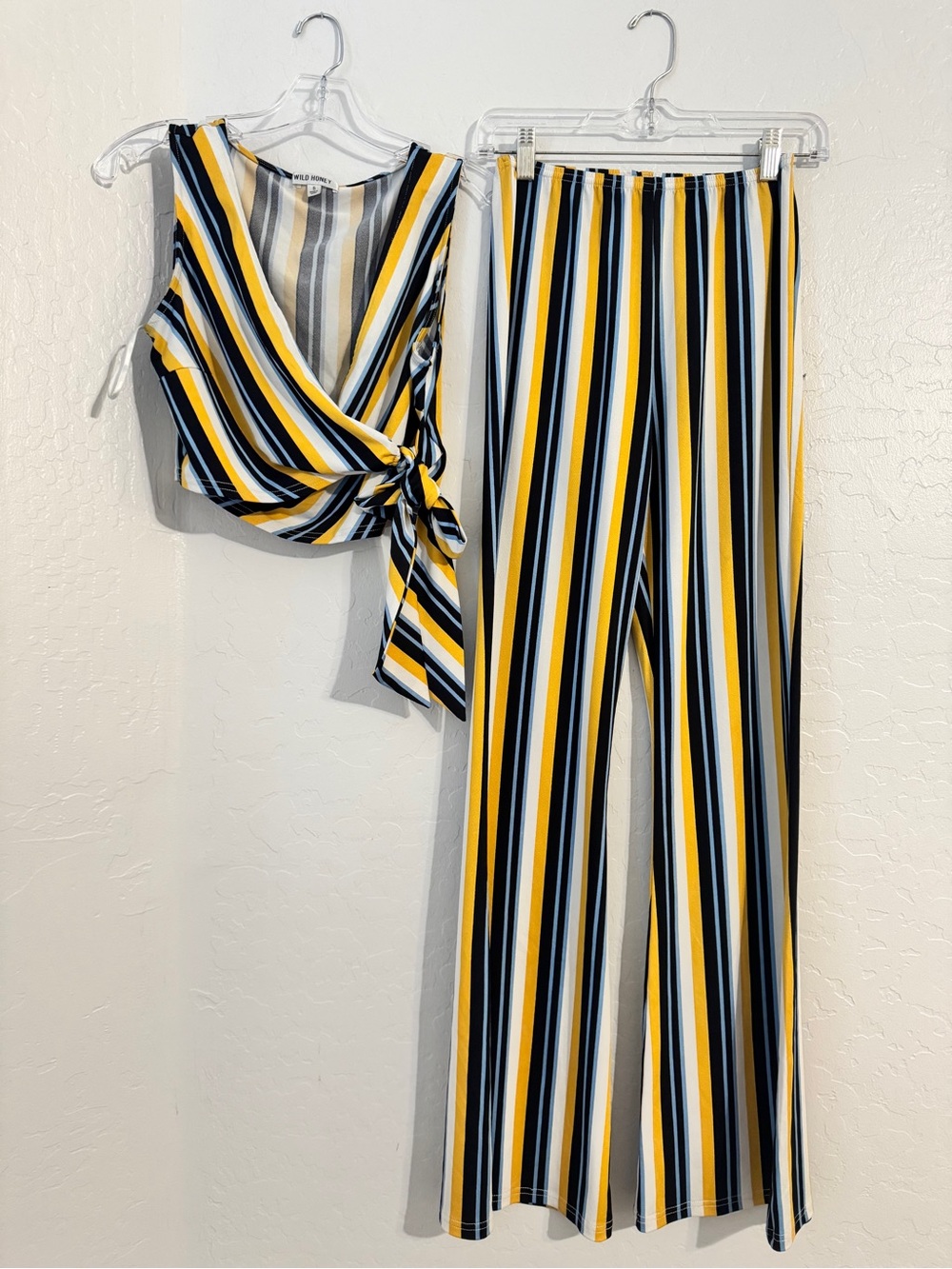 👗Wild Honey 2-Piece Striped Sleeveless Wrap Tie Top & Wide-Leg Pants S